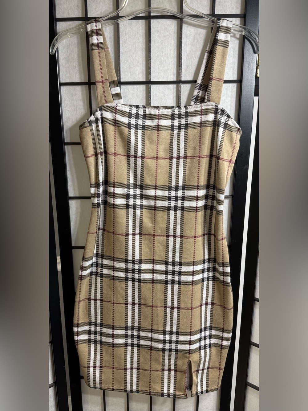 Just Polly New York Tan Plaid Bodycon Mini Dress Size Medium